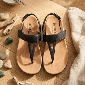 SoftWalk Women's Black T-Strap Sandals